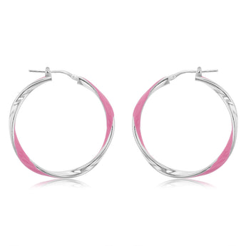 Sterling Silver Pink Enamel On Twisted 30mm Hoop Earrings