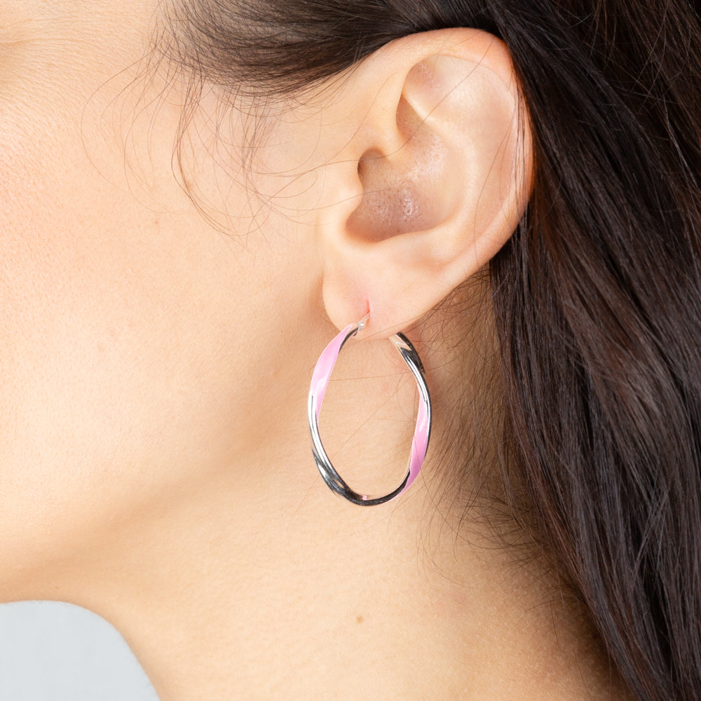 Sterling Silver Pink Enamel On Twisted 30mm Hoop Earrings