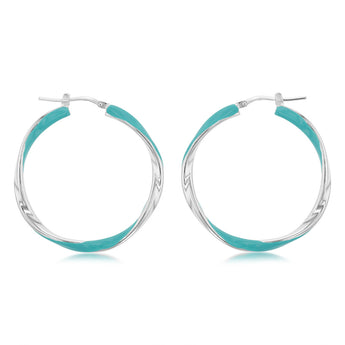 Sterling Silver Aqua Enamel On Twisted Hoop Earrings