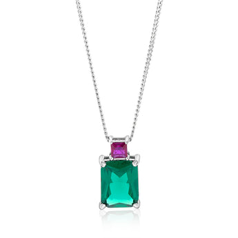 Sterling Silver Rhodium Plated Green And Pink Square Cubic Zirconia Pendant