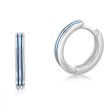 Load image into Gallery viewer, Sterling Silver Blue Striped 15mm Hinged Hoop Earrings