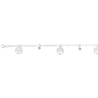 Sterling Silver Tree Of Life & Pink Charm 19cm Bracelet