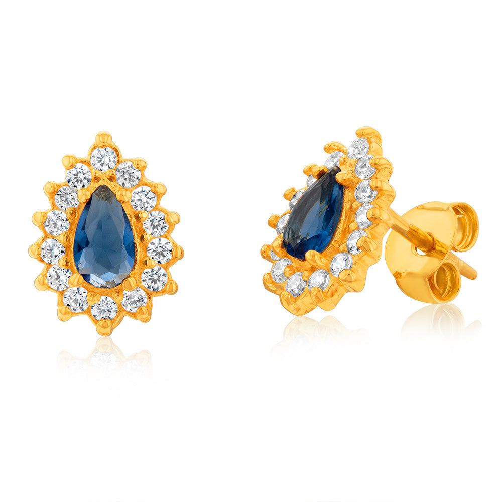 Gold Plated Sterling Silver Created Sapphire White Cubic Zirconia Studs Earrings