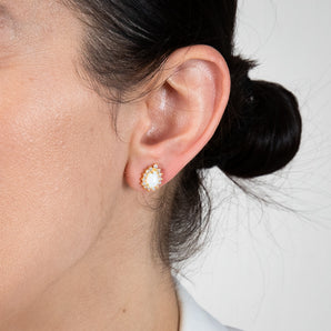 Gold Plated Sterling Silver Pear Created Opal White Cubic Zirconia Studs Earrings