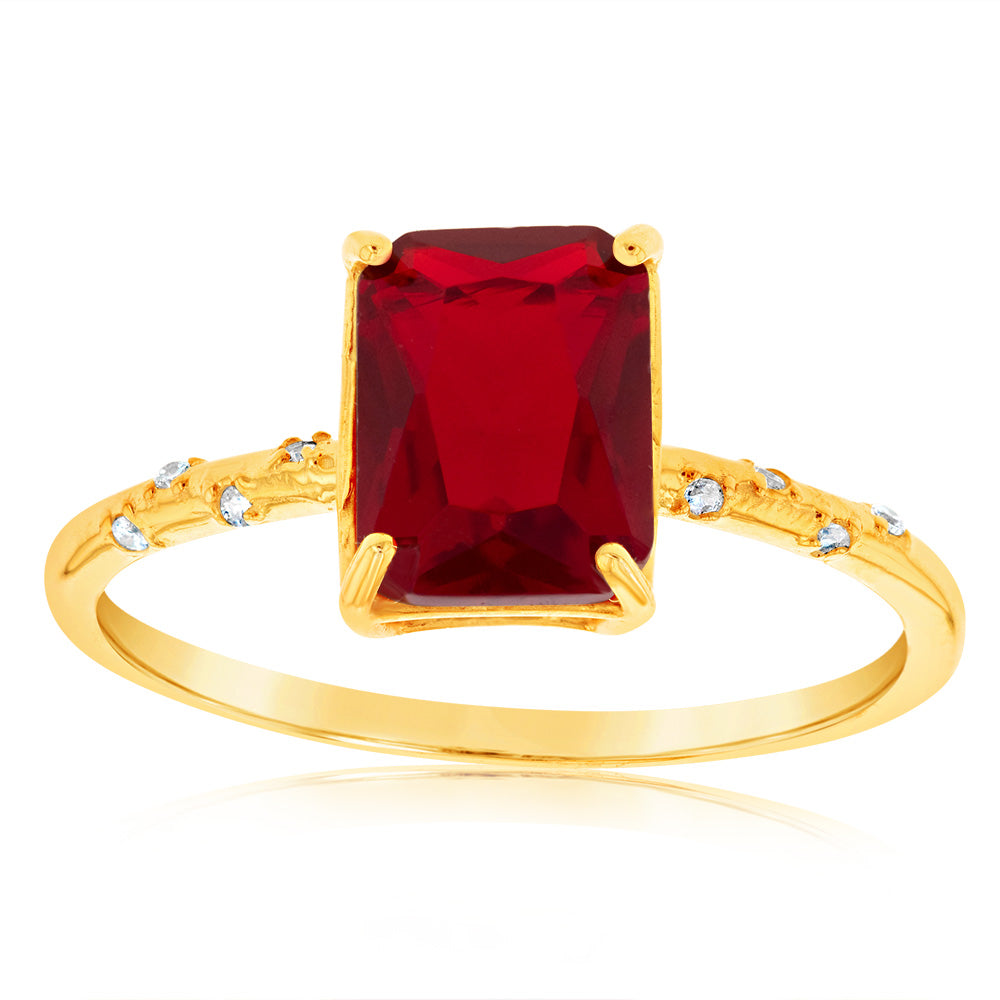 Gold Plated Sterling Silver Created Red Stone White Cubic Zirconia Ring