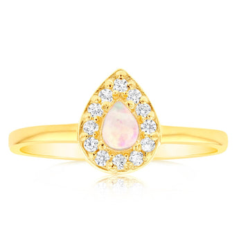 Gold Plated Sterling Silver Pear Created Opal White Cubic Zircornia Ring