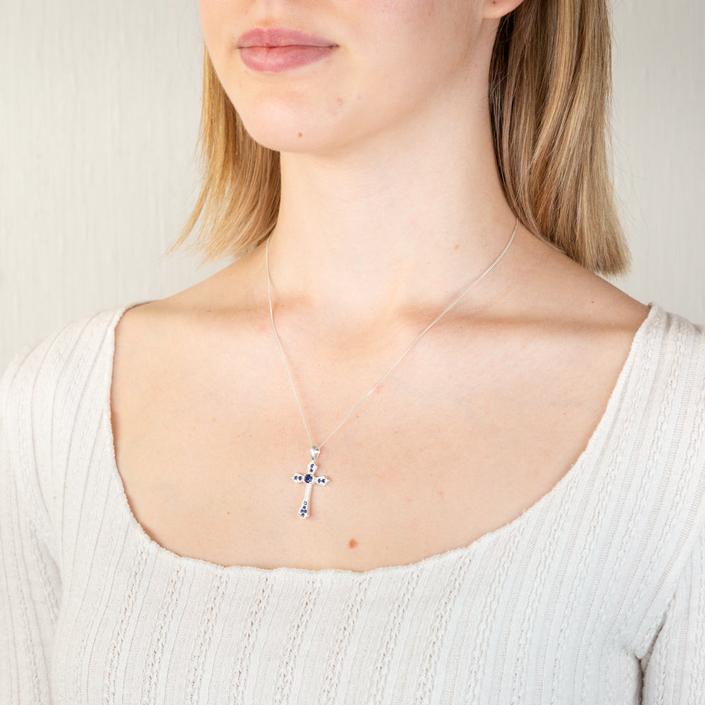 Sterling Silver Created Sapphire Fancy Cross Pendant