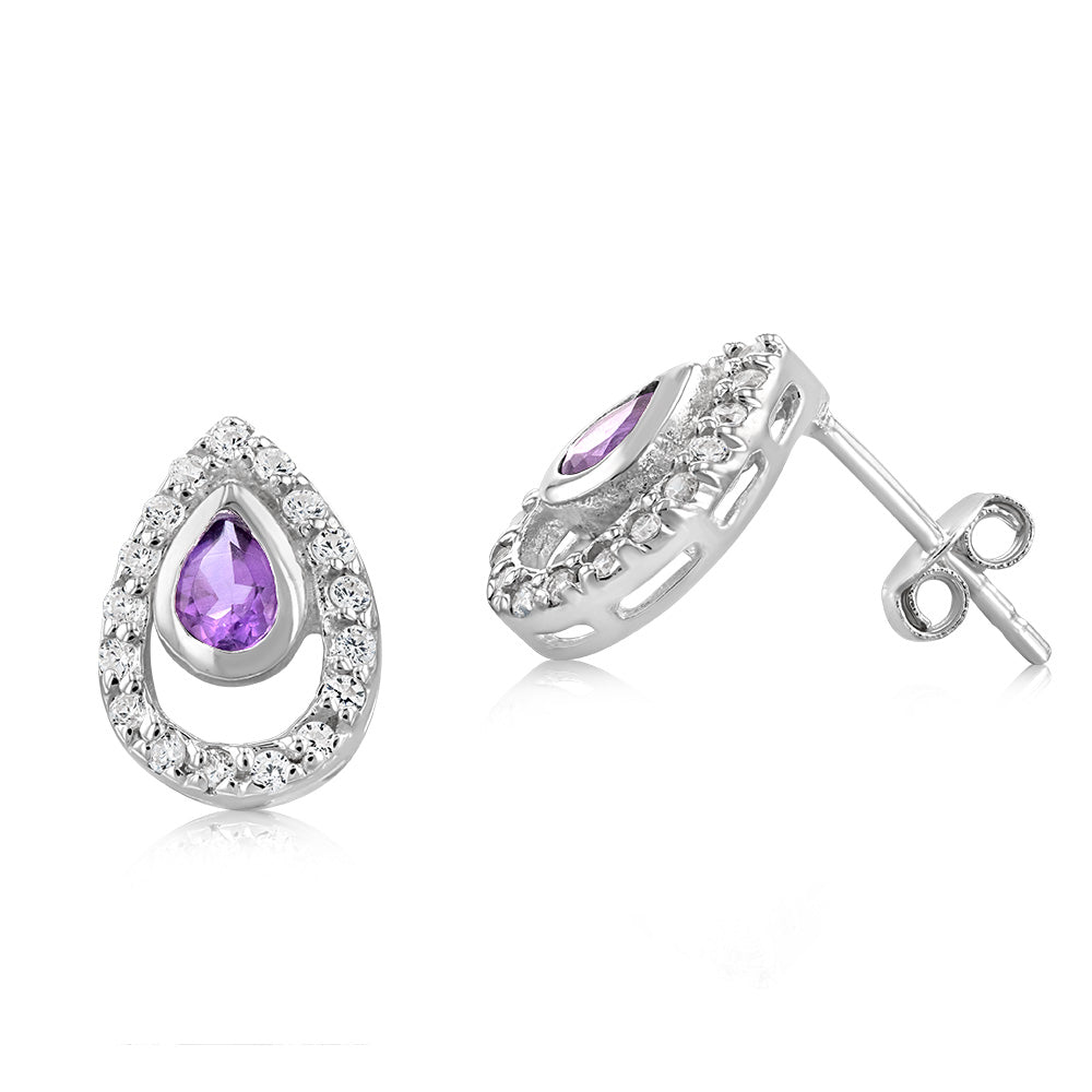 Sterling Silver Amethyst And Cubic Zirconia Pear Shaped Earrings