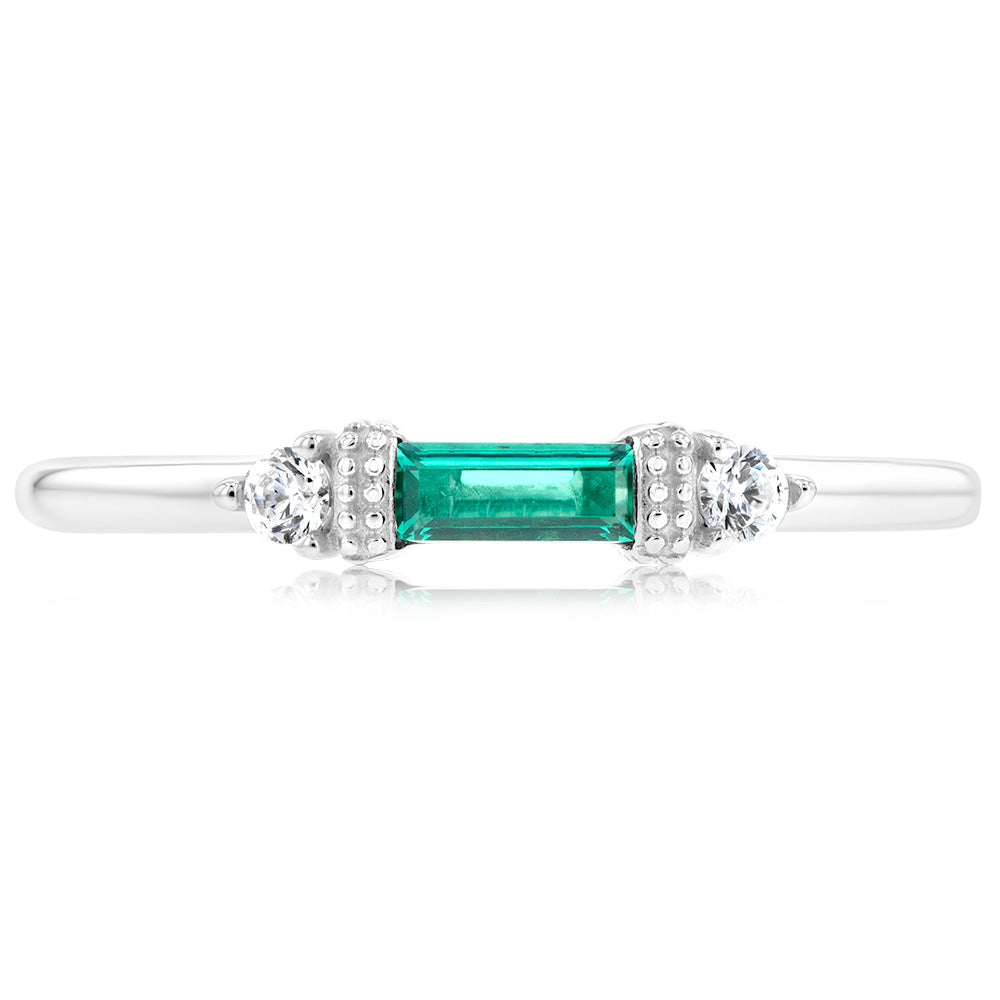 Sterling Silver Rhodium Plated Emerald Stone White Cubic Zirconia Ring