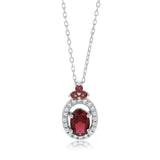 Sterling Silver Rhodium Plated Oval Red Stone White Cubic Zirconia With 45cm Chain