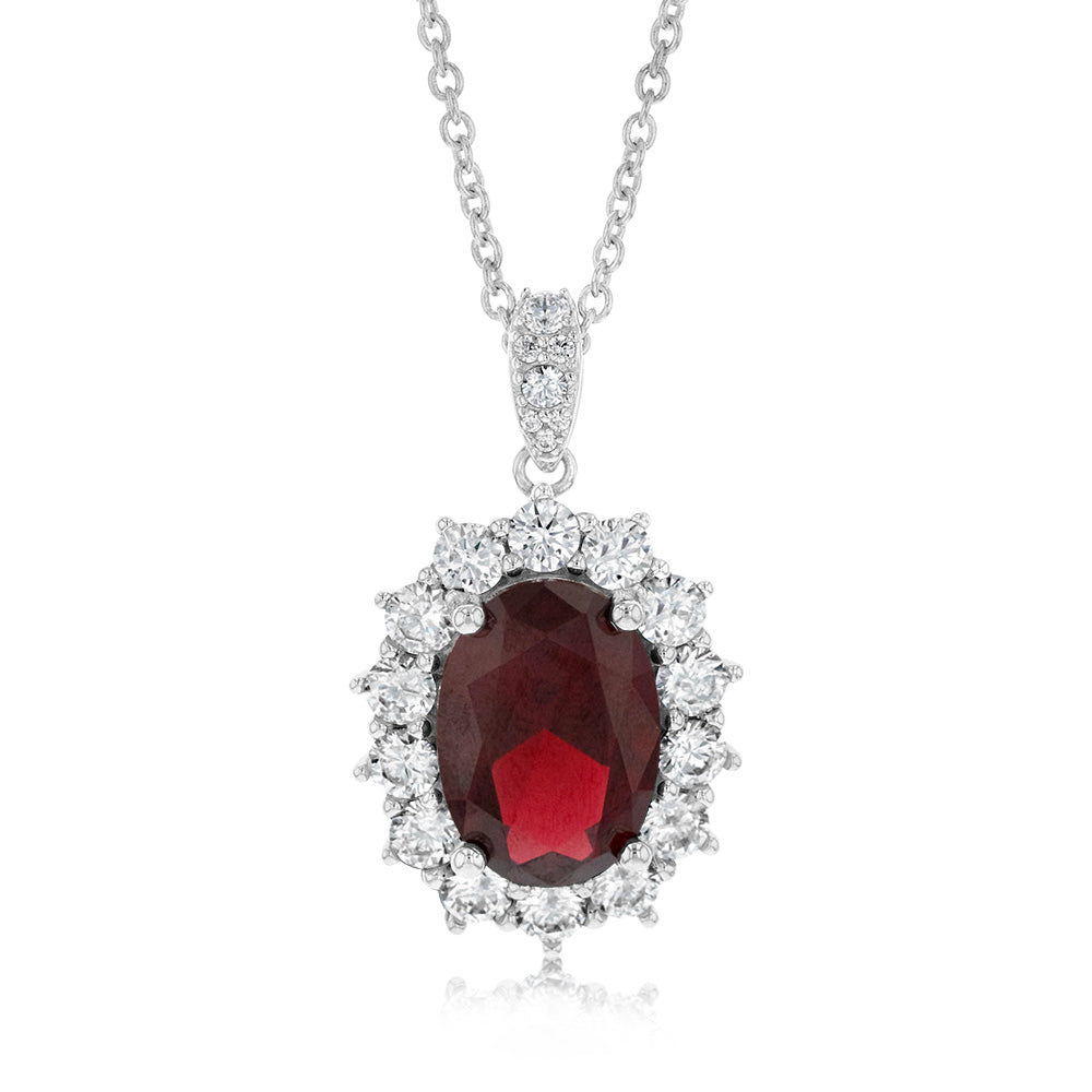 Sterling Silver Rhodium Plated Oval Red Stone Cubic Zirconia Pendant With 45cm Chain