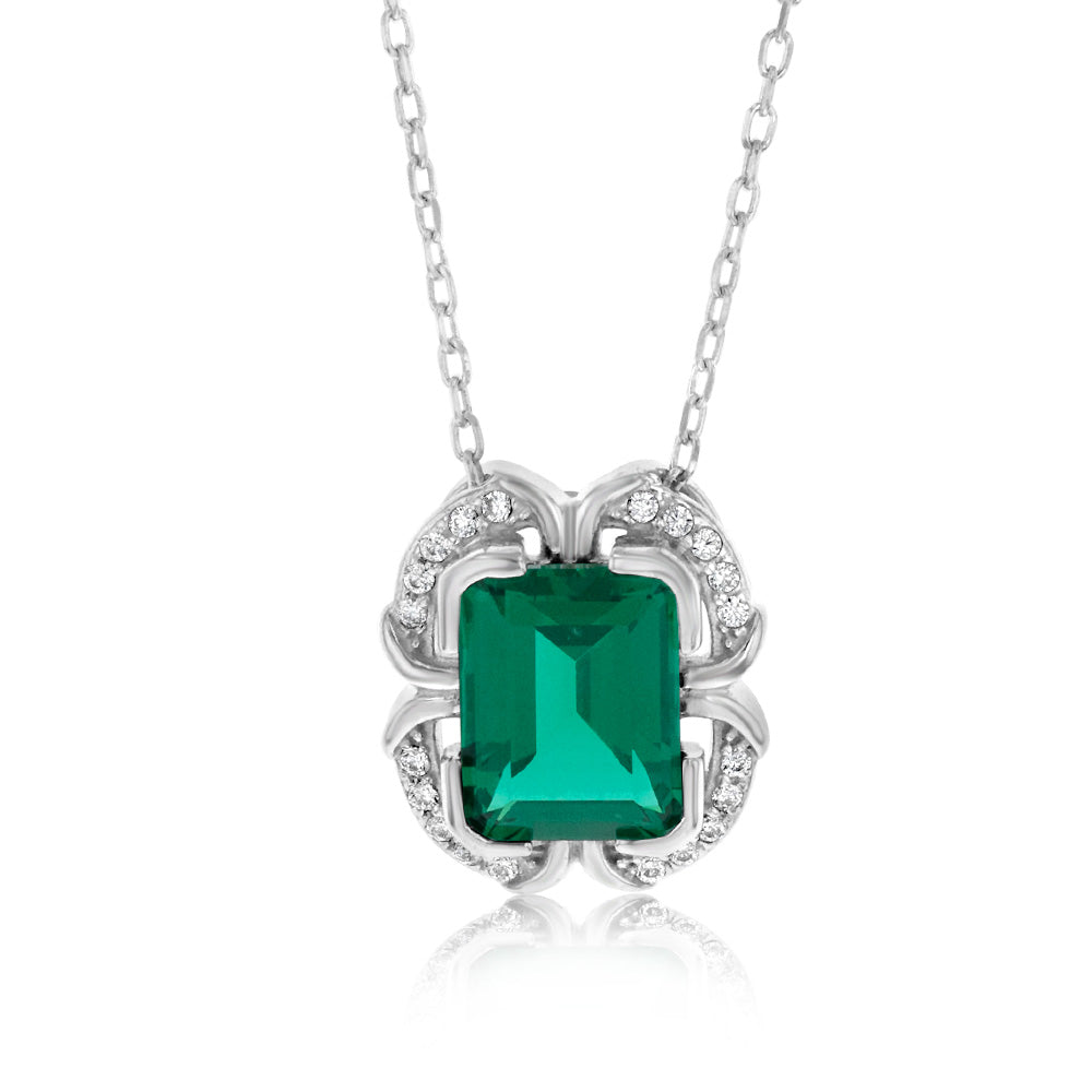 Sterling Silver Rhodium Plated Emerald And White CZ Pendant With 45cm Chain