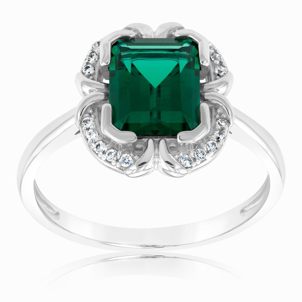 Sterling Silver Rhodium Plated Emerald And Cubic Zirconia Ring