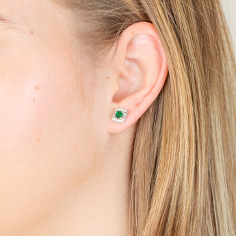 Sterling Silver Rhodium Plated Emerald And White Cubic Zirconia Stud Earrings