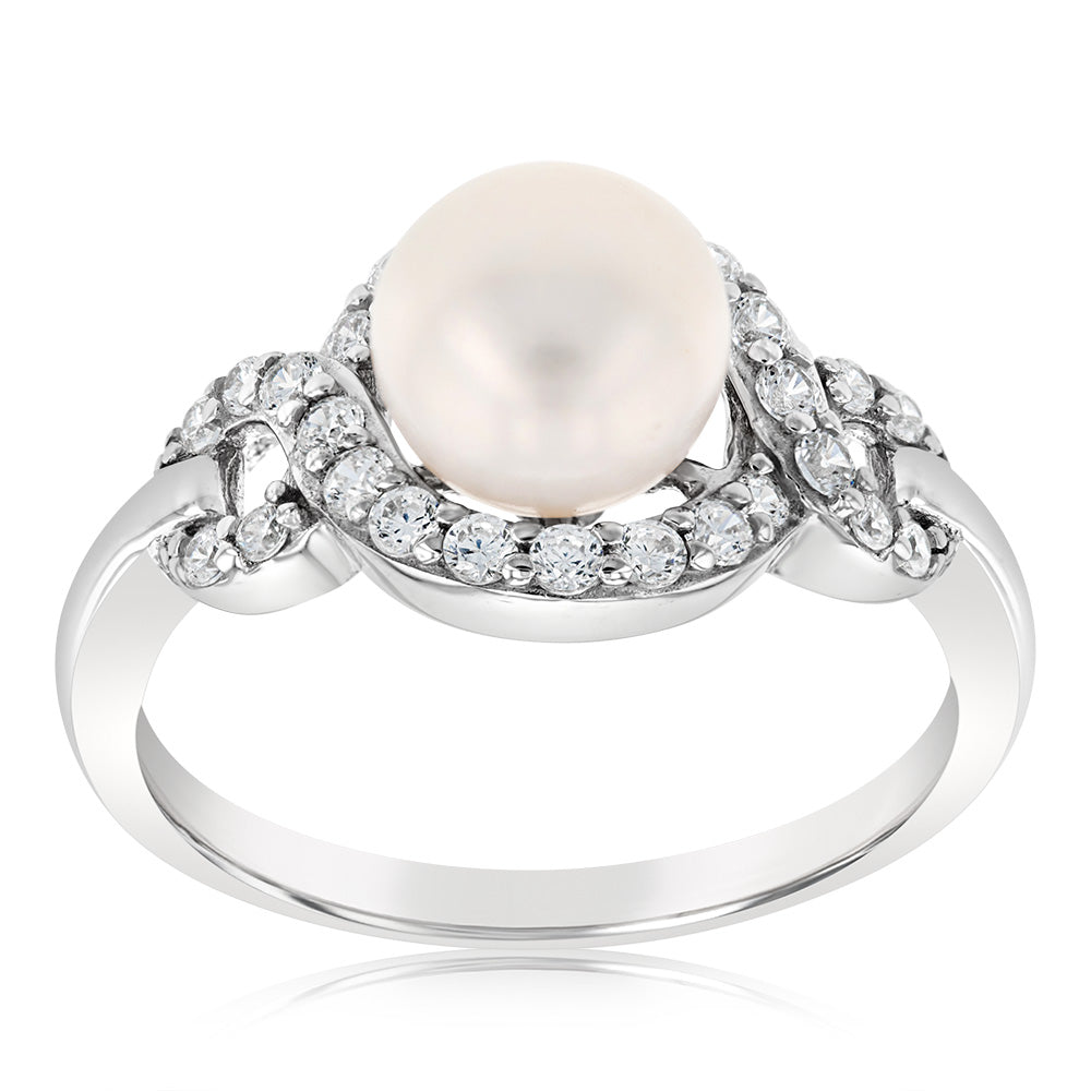 Sterling Silver Rhodium Plated White Fresh Water Pearl And Cubic Zirconia Ring