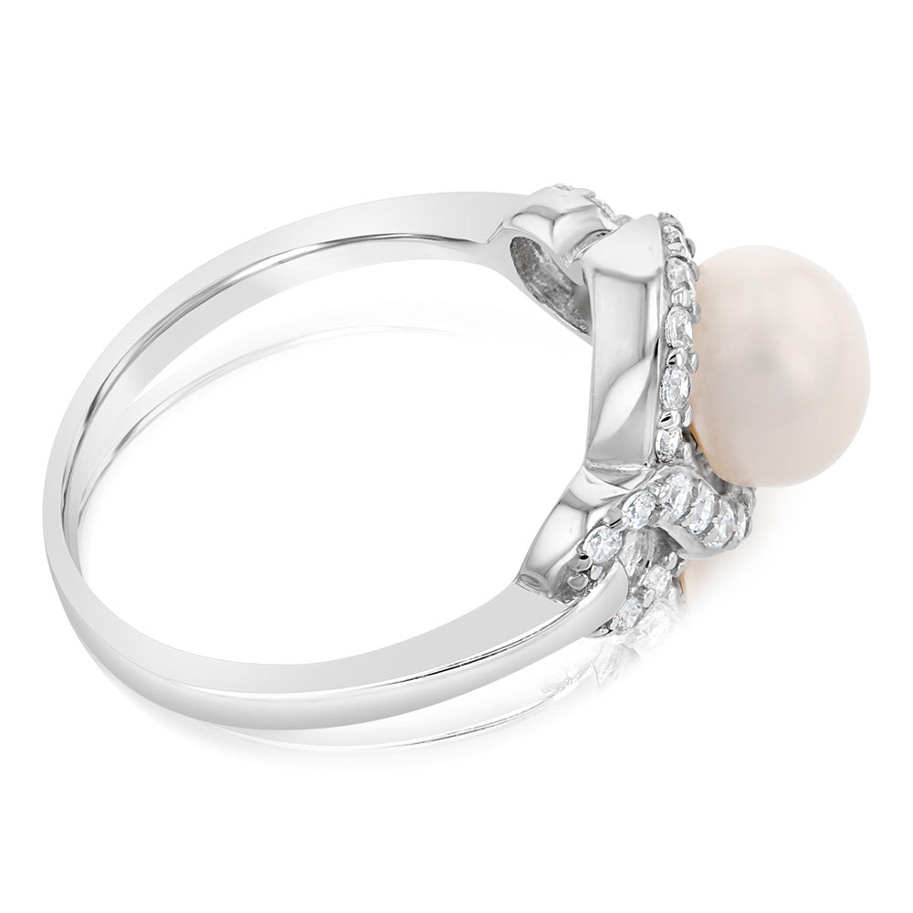 Sterling Silver Rhodium Plated White Fresh Water Pearl And Cubic Zirconia Ring