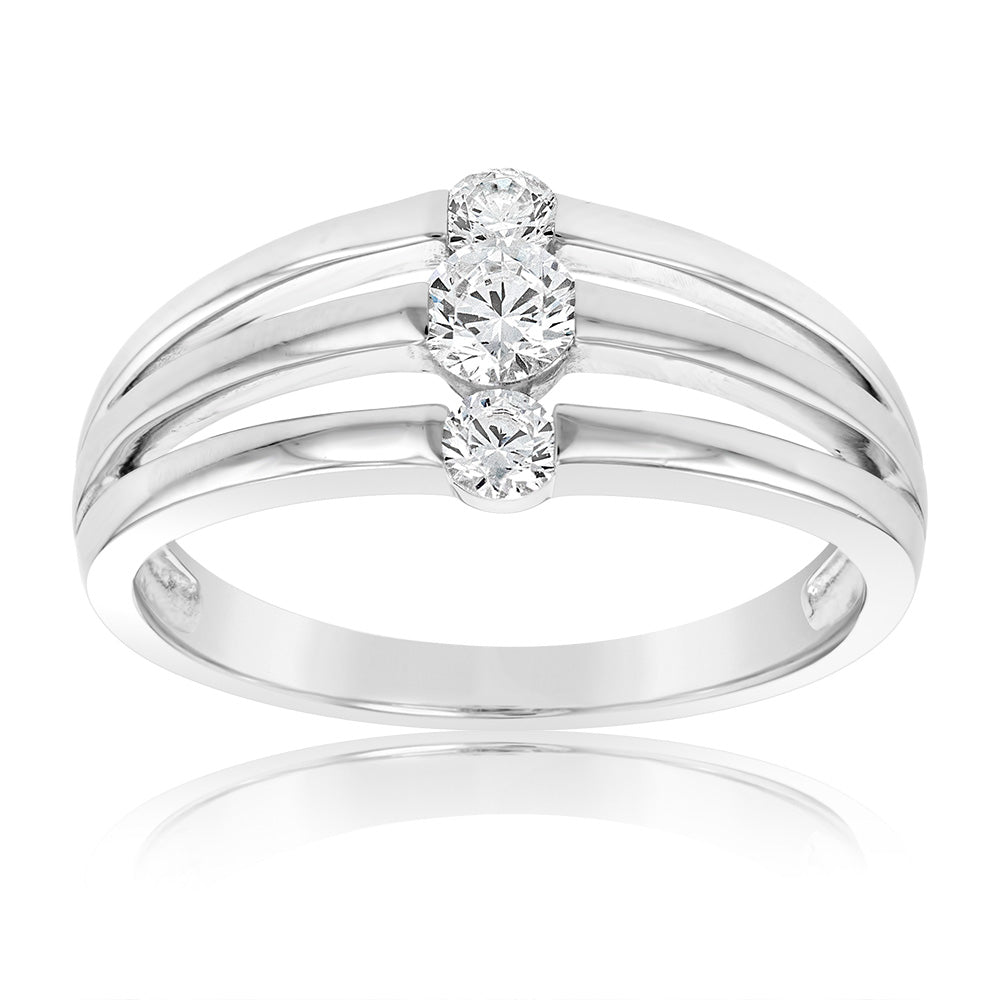 Sterling Silver Rhodium Plated Triple White Cubic Zirconia Ring
