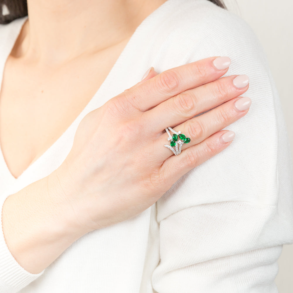 Sterling Silver Rhodium Plated Created Emerald And White Cubic Zirconia Ring