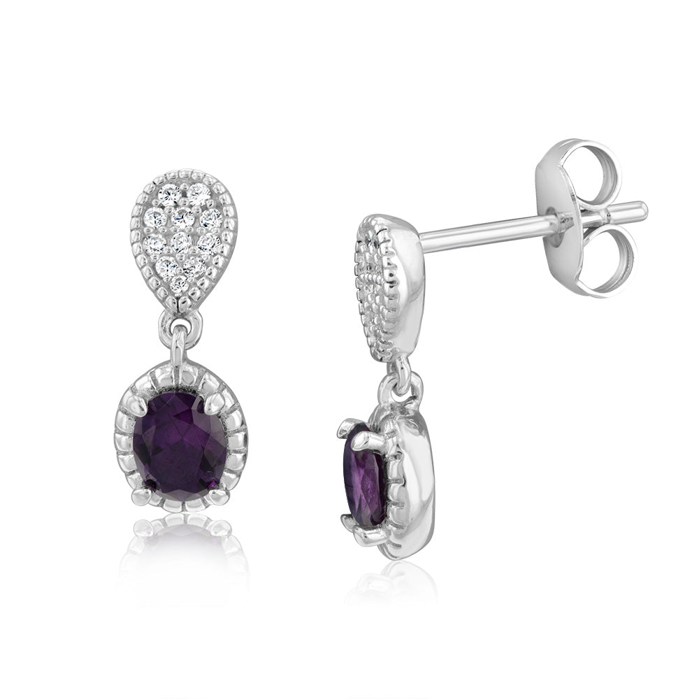 Sterling Silver Rhodium Plated Oval Created Amethyst And White CZ Drop Earrings
