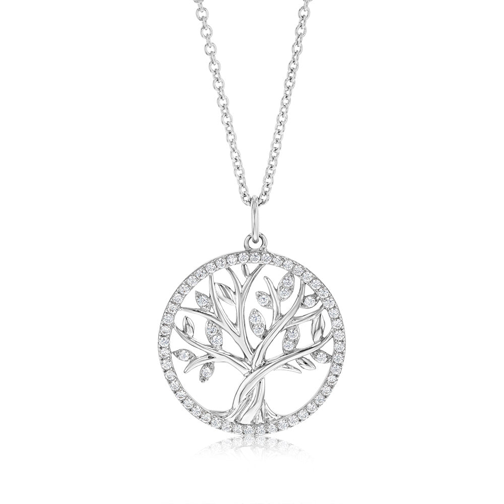 Sterling Silver Rhodium Plated Tree Of Life Cubic Zirconia Pendant With 45cm Chain