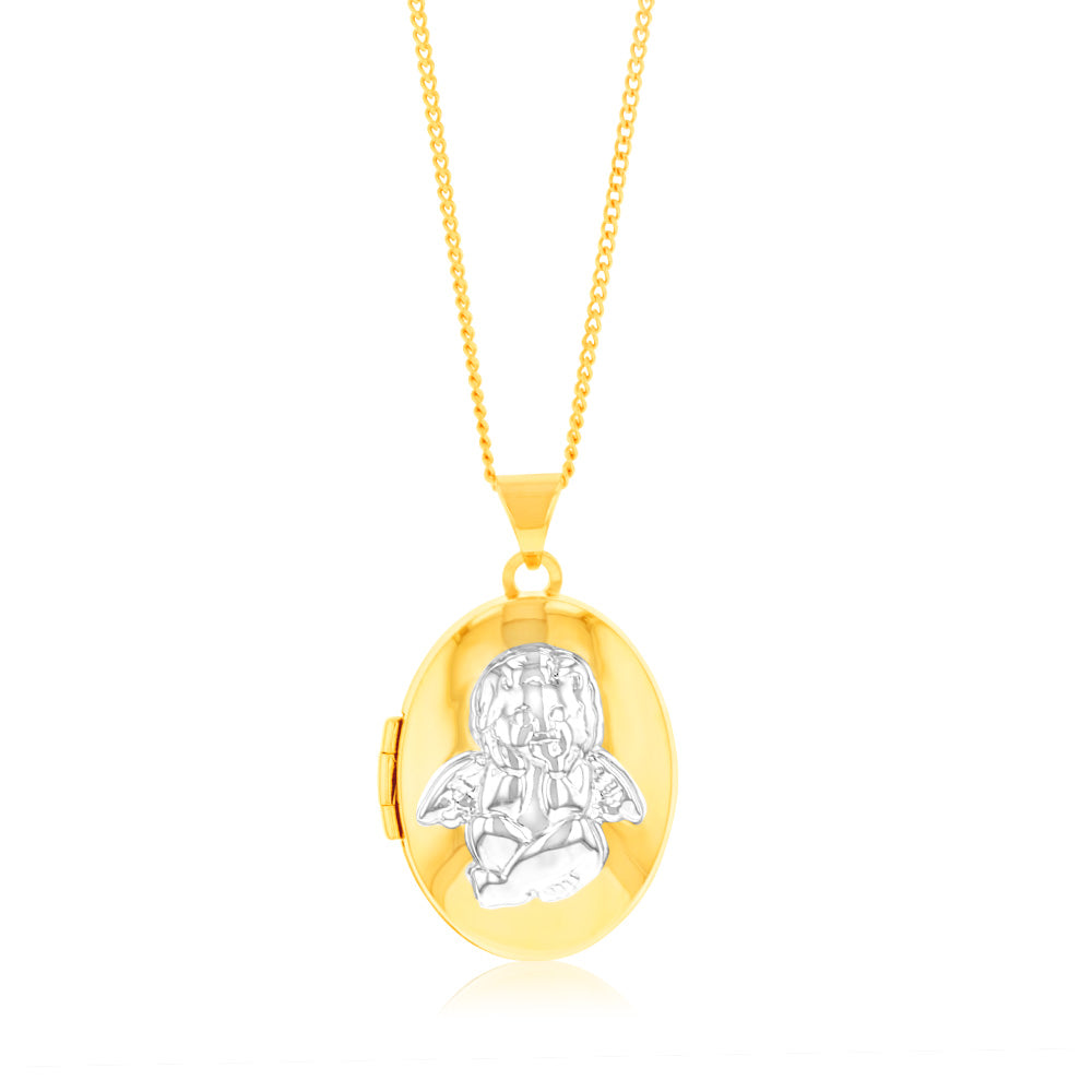 Sterling Silver Gold Plated Locket With Silver Angel Pendant