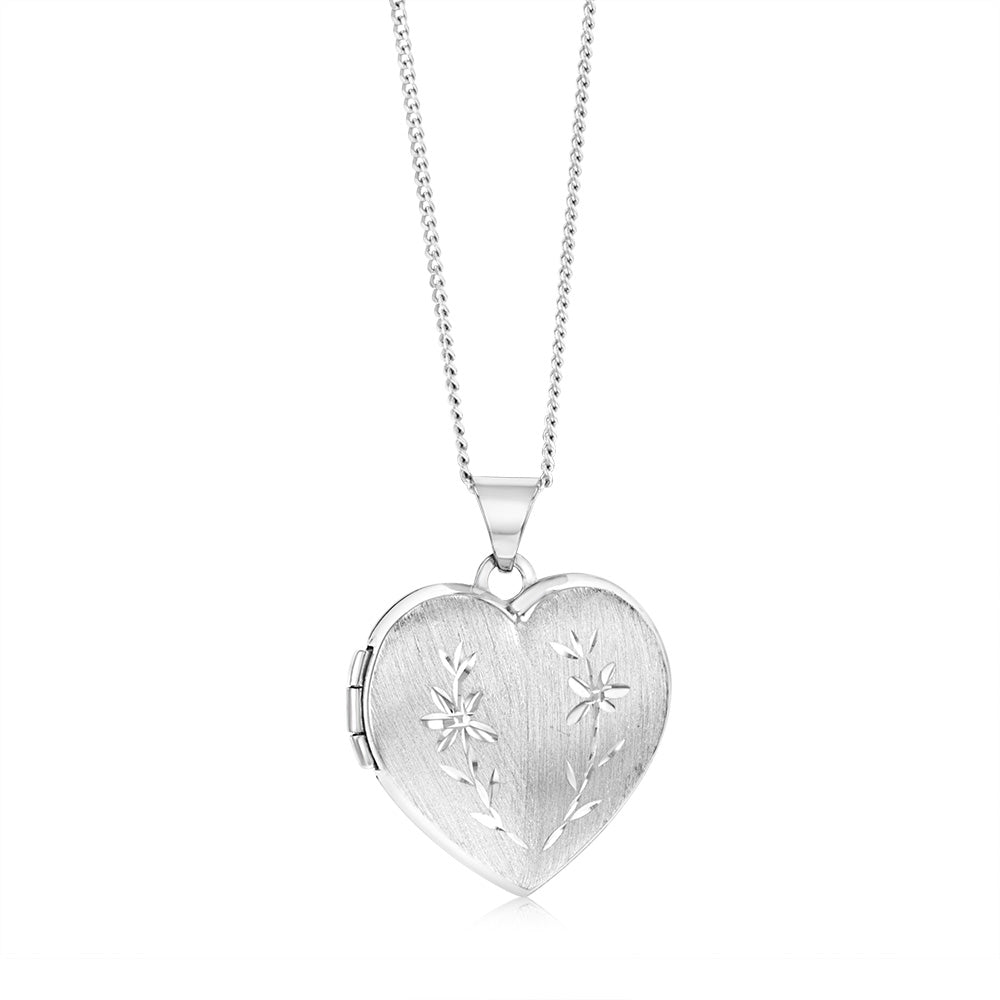 Sterling Silver Rhodium Plated Engraved Heart Locket