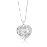 Sterling Silver Rhodium Plated White Cubic Zirconia Engraved Heart Locket