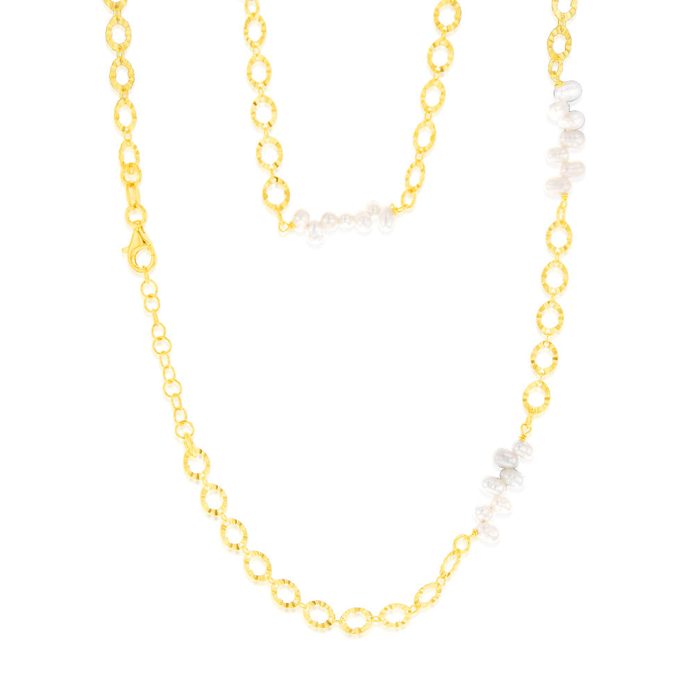 Sterling Silver Gold Plated Fresh Water Pearls And Fancy Links 42+3cm Chain