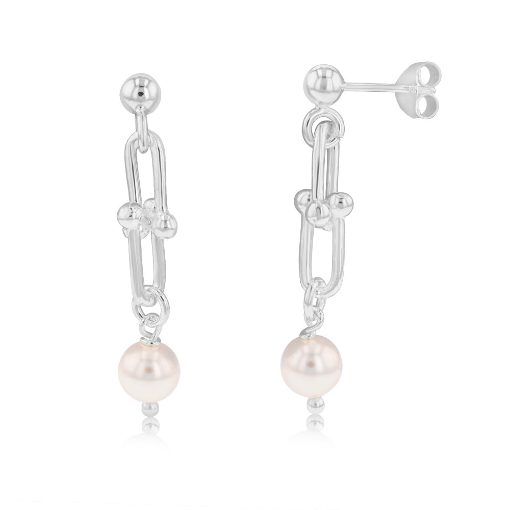 Sterling Silver Links And Synthetic Pearl Drop Earrings