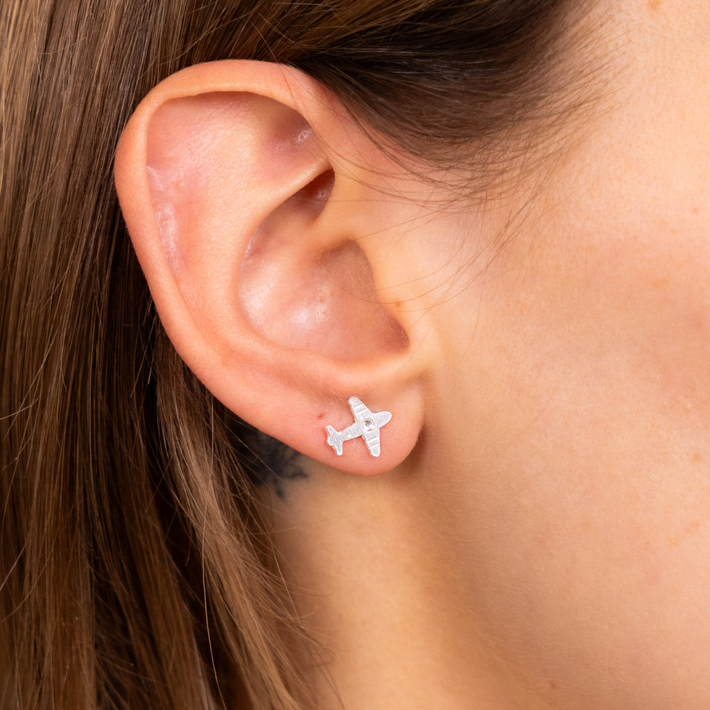 Sterling Silver Crystal On Aeroplane Stud Earrings