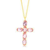 Sterling Silver Gold Plated Pink Crystal Fancy Cross Pendant On 42+3cm Chain