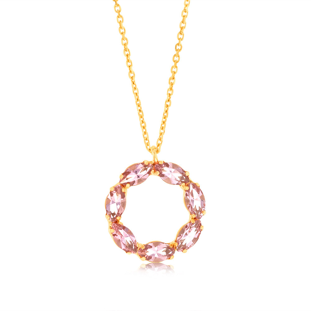 Sterling Silver Gold Plated Pink Crystal Circle Of Life Pendant On 42+3cm Chain
