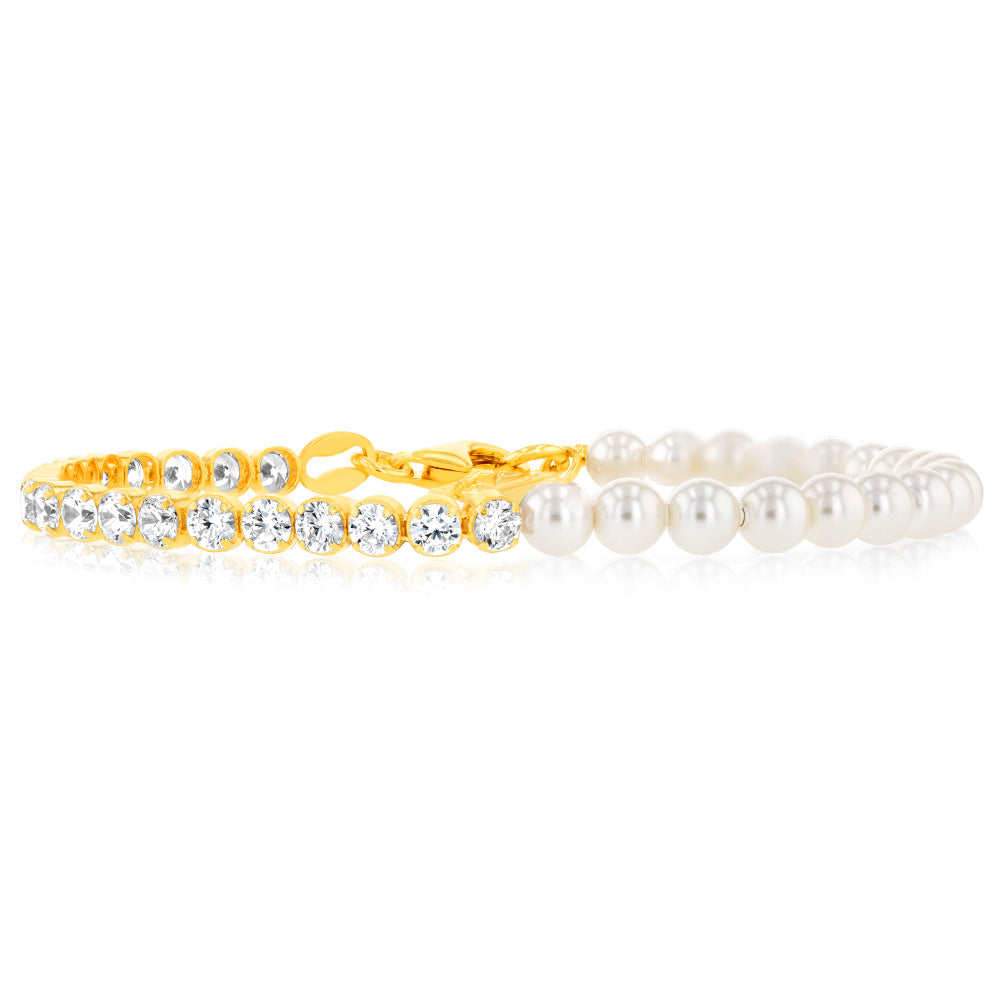 Sterling Silver Gold Plated Cubic Zirconia And Synthetic Pearls 16+3cm Bracelets