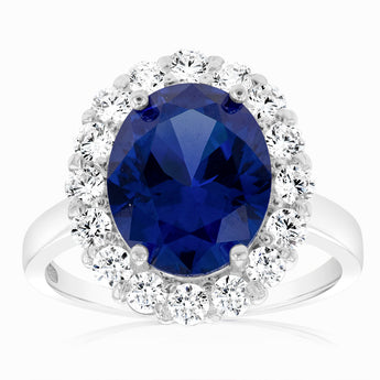 Sterling Silver Oval Blue And White Zirconia Halo Ring