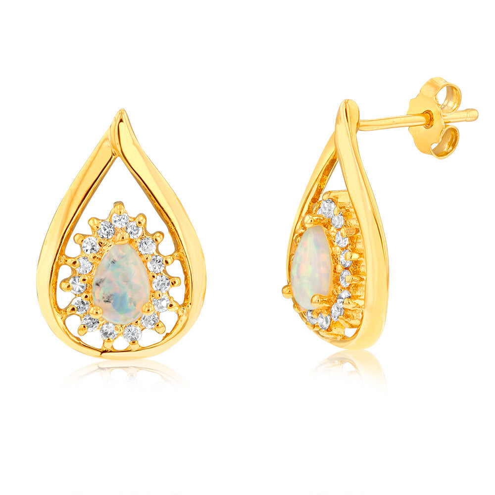 Sterling Silver Gold Plated Created Opal Cubic Zirconia Pear Shaped Drop Earrings