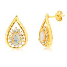 Load image into Gallery viewer, Sterling Silver Gold Plated Created Opal Cubic Zirconia Pear Shaped Drop Earrings