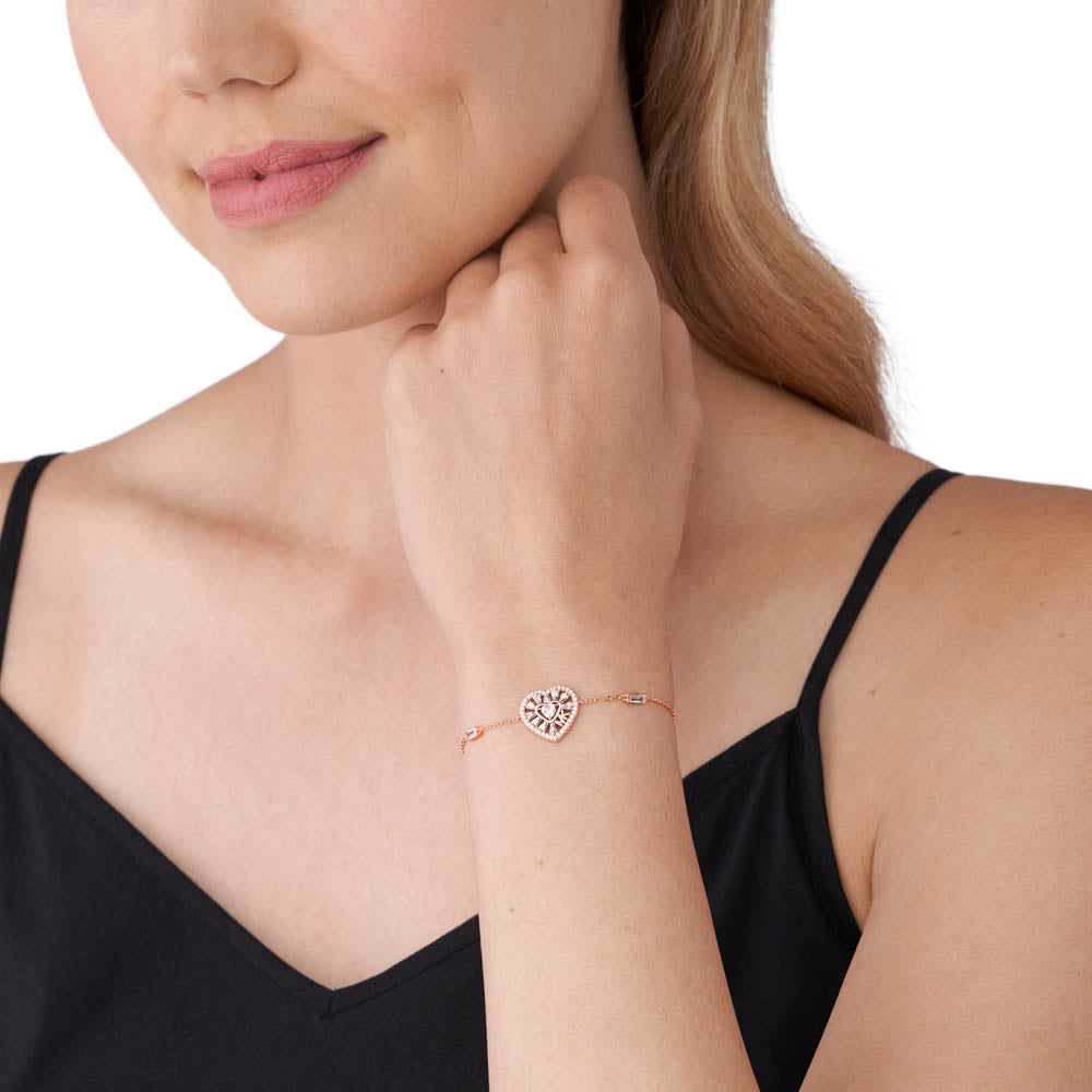 Michael Kors 14ct Rose Gold Plated Sterling Silver Tapered Baguette CZ Heart Bracelet