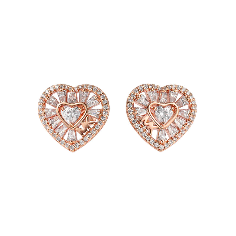 Michael Kors Rose Gold Plated Tapered Baguette CZ Heart Stud Earrings