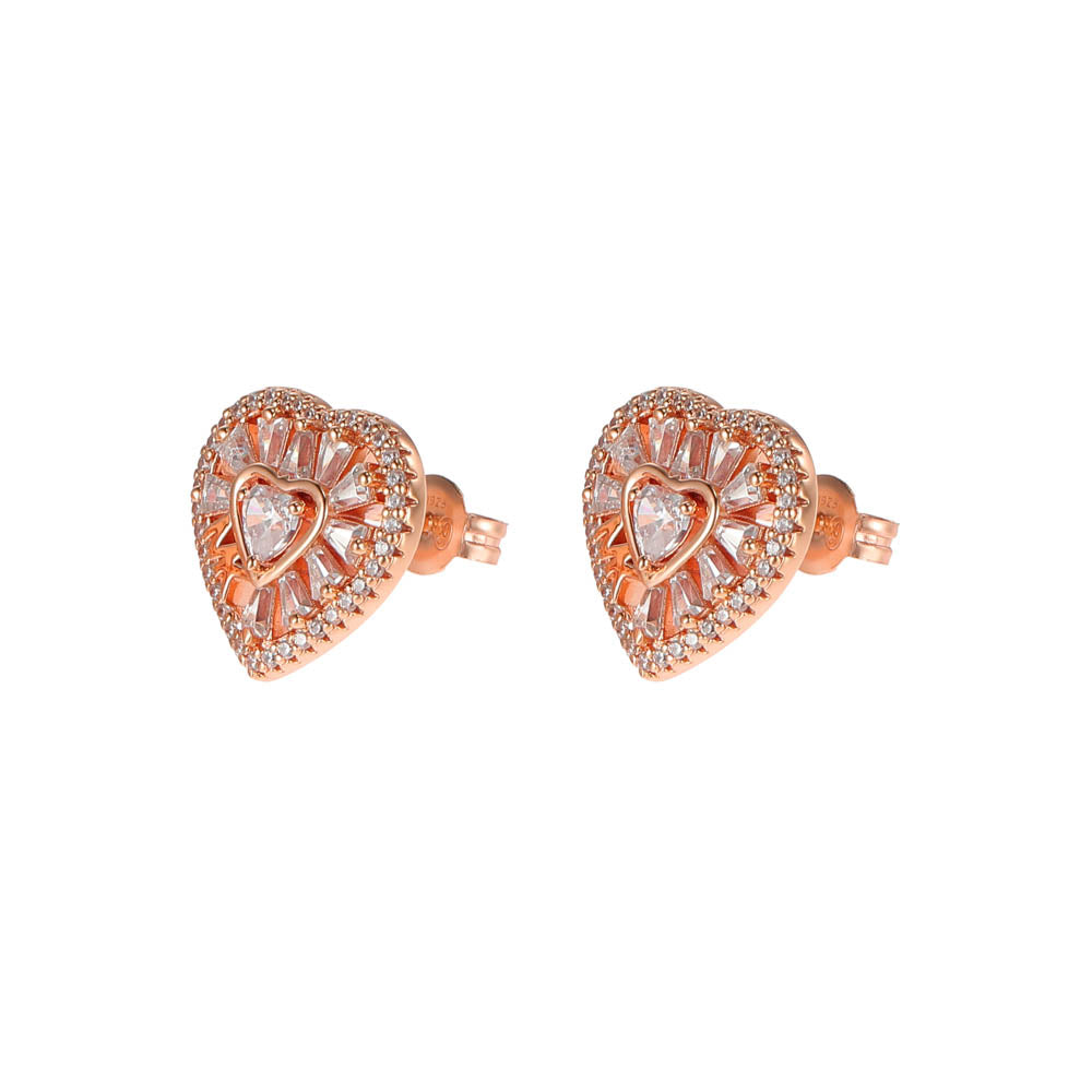 Michael Kors Rose Gold Plated Tapered Baguette CZ Heart Stud Earrings
