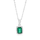 Sterling Silver Green White Zirconia Rectangle Pendant On Chain