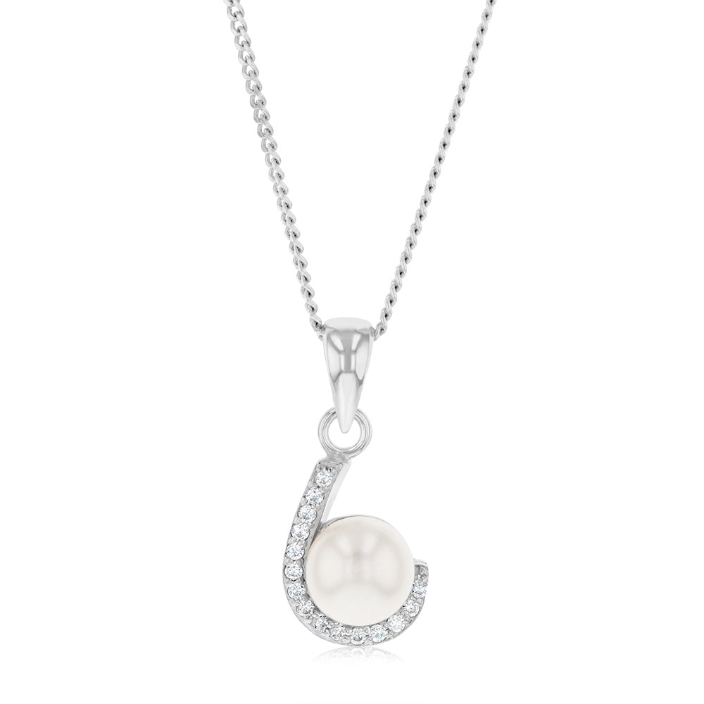 Sterling Silver Zirconia And Simulated Pearl Fancy Pendant