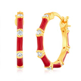 Sterling Silver Gold Plated Red Enamel And Zirconia Hoop Earrings