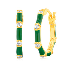 Load image into Gallery viewer, Sterling Silver Gold Plated Green Enamel And Zirconia 20mm Hoop Earrings