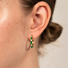 Load image into Gallery viewer, Sterling Silver Gold Plated Green Enamel And Zirconia 20mm Hoop Earrings
