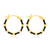 Sterling Silver Gold Plated Black Enamel And Zirconia 20mm Hoop Earrings