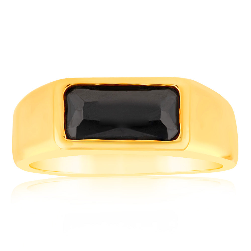 Sterling Silver Gold Plated Black Rectangle Zirconia Ring