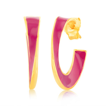 Sterling Silver Gold Plated Pink Enamel 3/4th Hoop Earrings