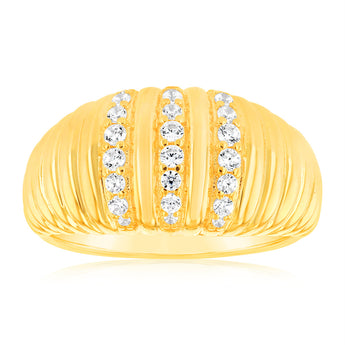 Sterling Silver Gold Plated Zirconia Polished Ribbed Ring