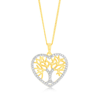 Sterling Silver Gold Plated Zirconia Tree Of Life Heart Pendant