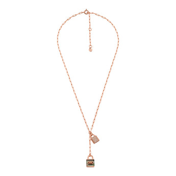 Michael Kors Rose Gold Plated Sterling Silver Pave And Grey Mother Of Pearl Locks Pendant On Paperclip Chain